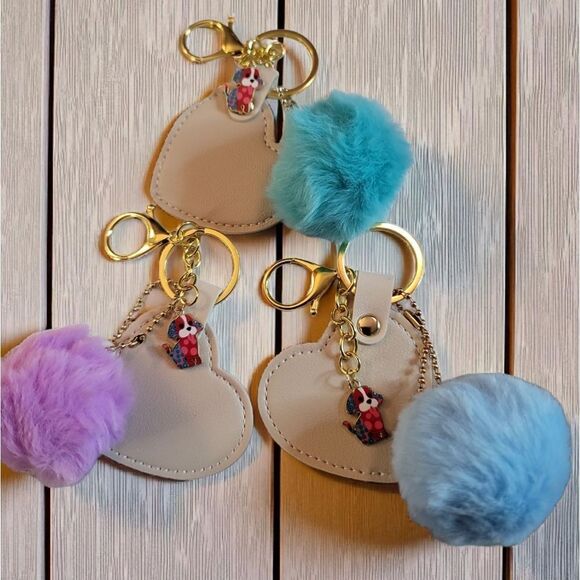 Heart-Shaped Keychain with Pom Colorful Dog Charm 3pk. - Picture 1 of 4